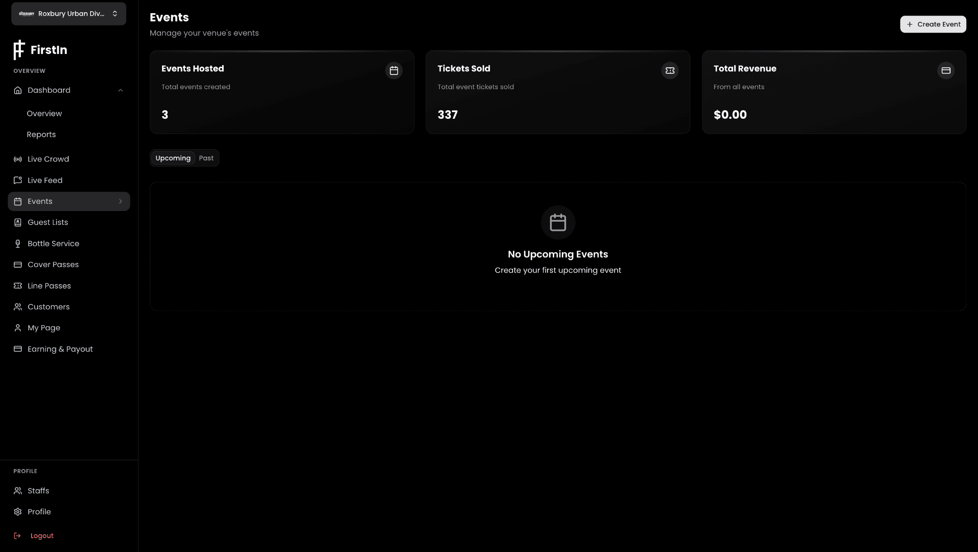 FirstIn Events dashboard